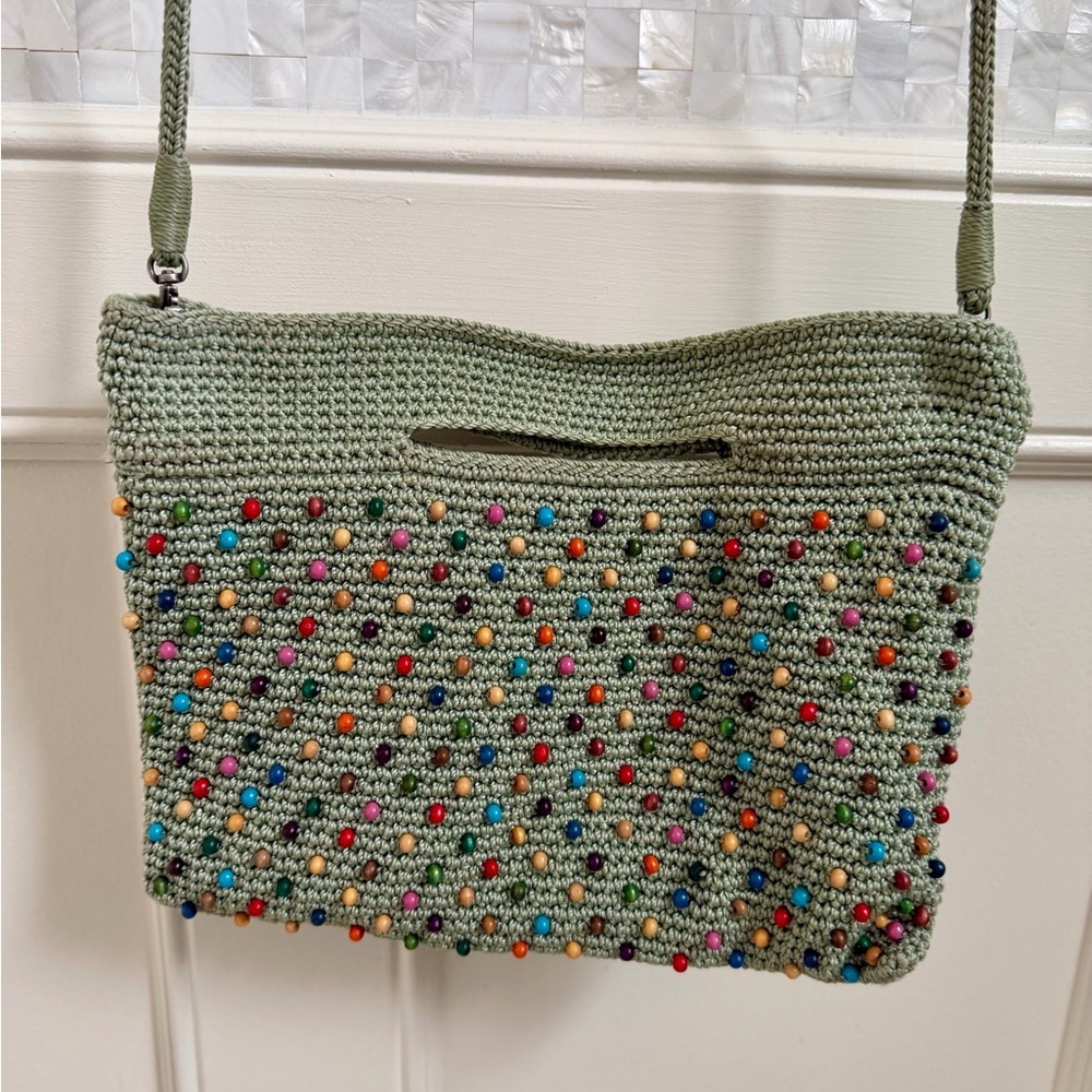 The Sak Lumi crochet crossbody purse bag green multicolor wood beads rainbow